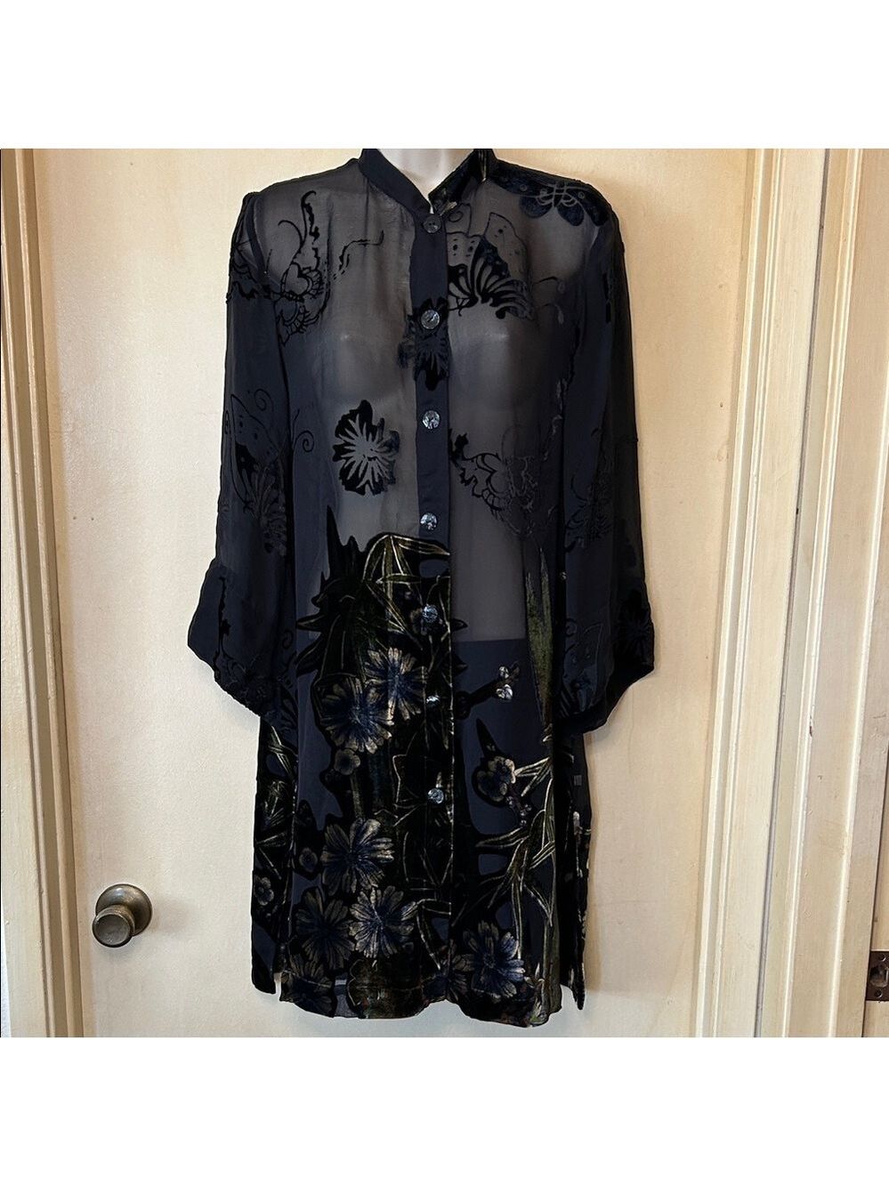 Citron Santa Monica Sheer Burnout Velvet Oversized Black Blouse size S - Picture 1 of 12